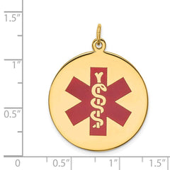 14k Yellow Gold Red Enamel Medical Alert Disk Pendant, 33mm