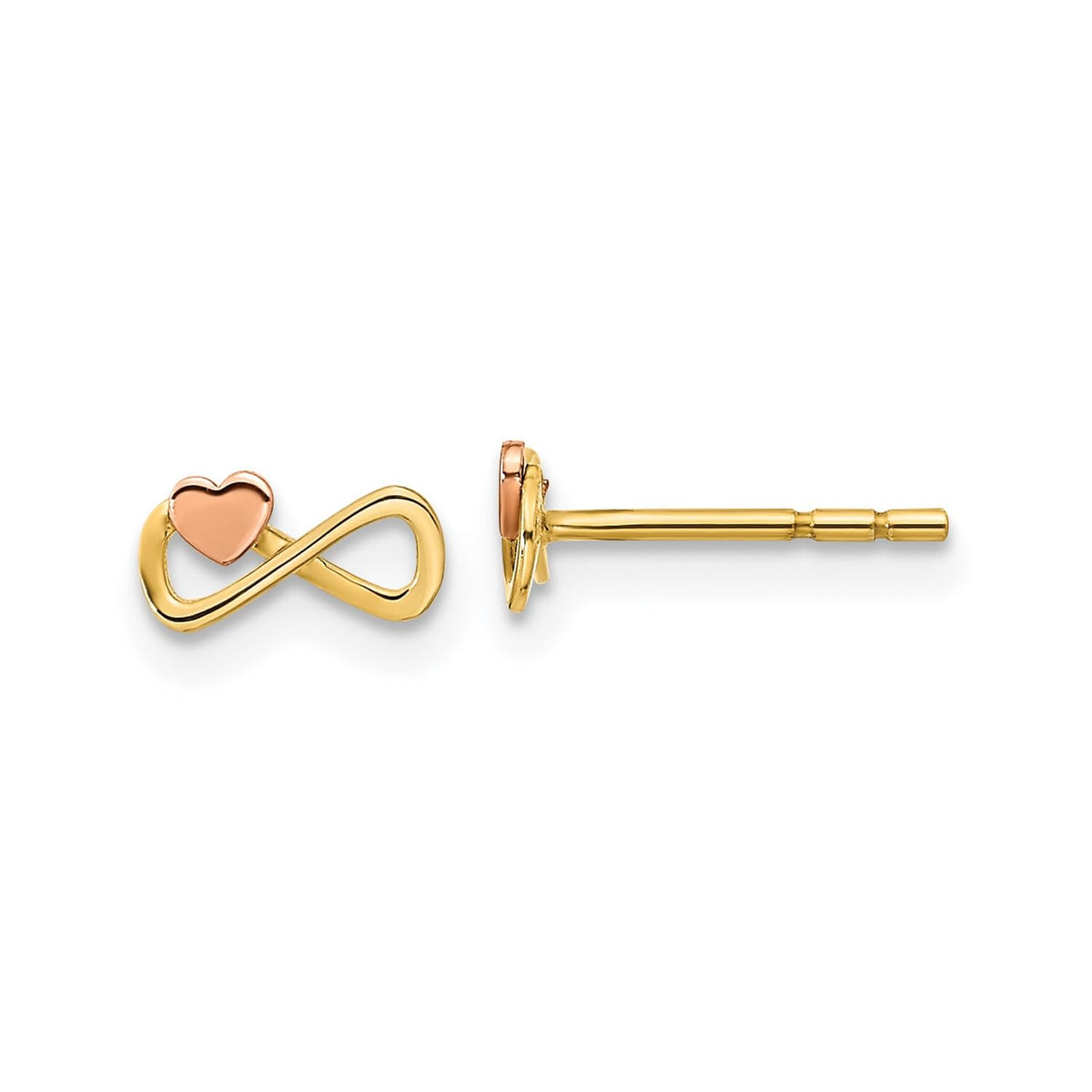 14K Yellow Gold Two Tone Infinity with Heart Post Stud Earrings, 4x7mm