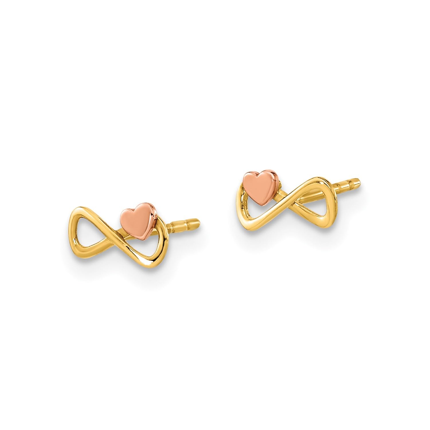 14K Yellow Gold Two Tone Infinity with Heart Post Stud Earrings, 4x7mm