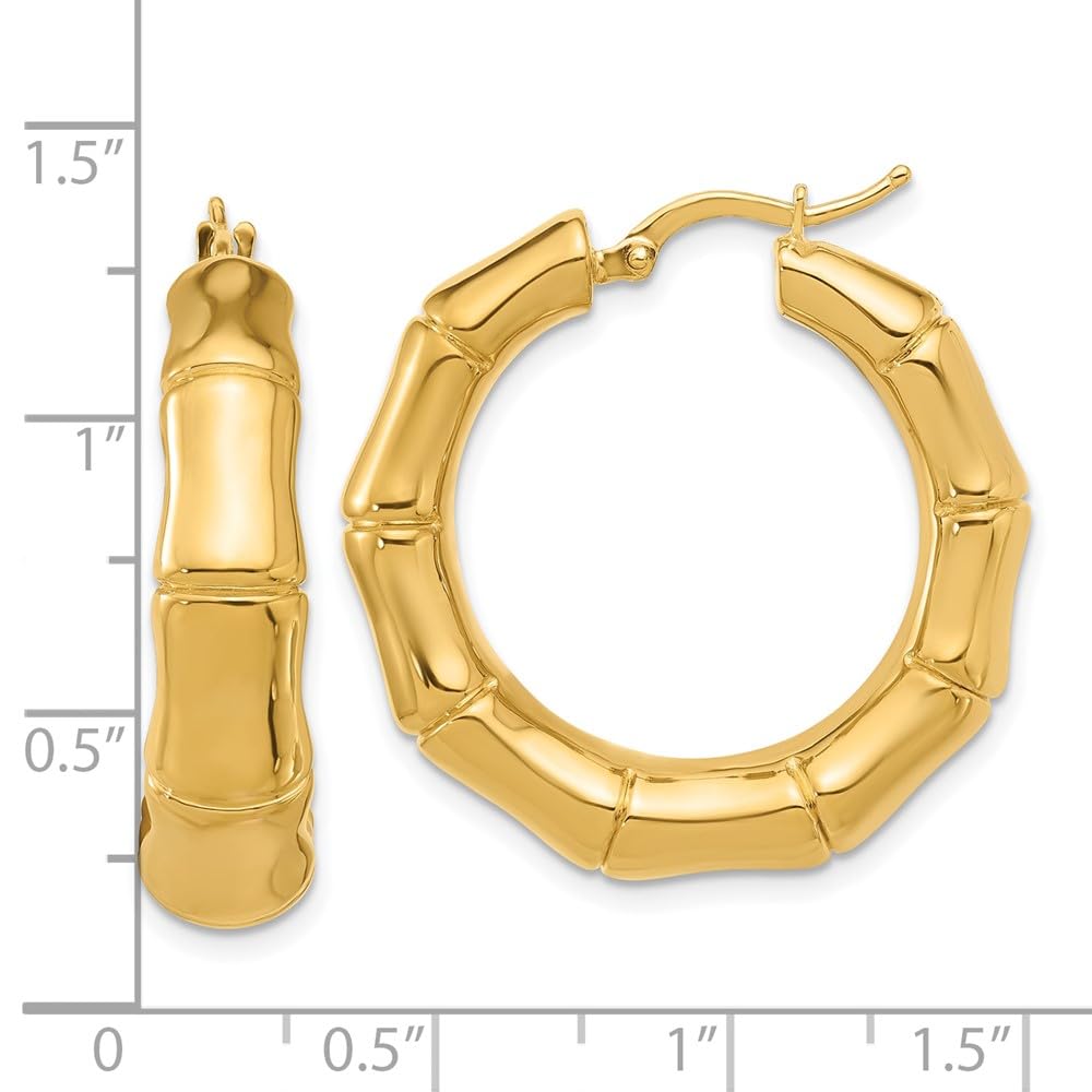 14K Yellow Gold Graduated Bamboo Round Hoop Earrings, 30mm