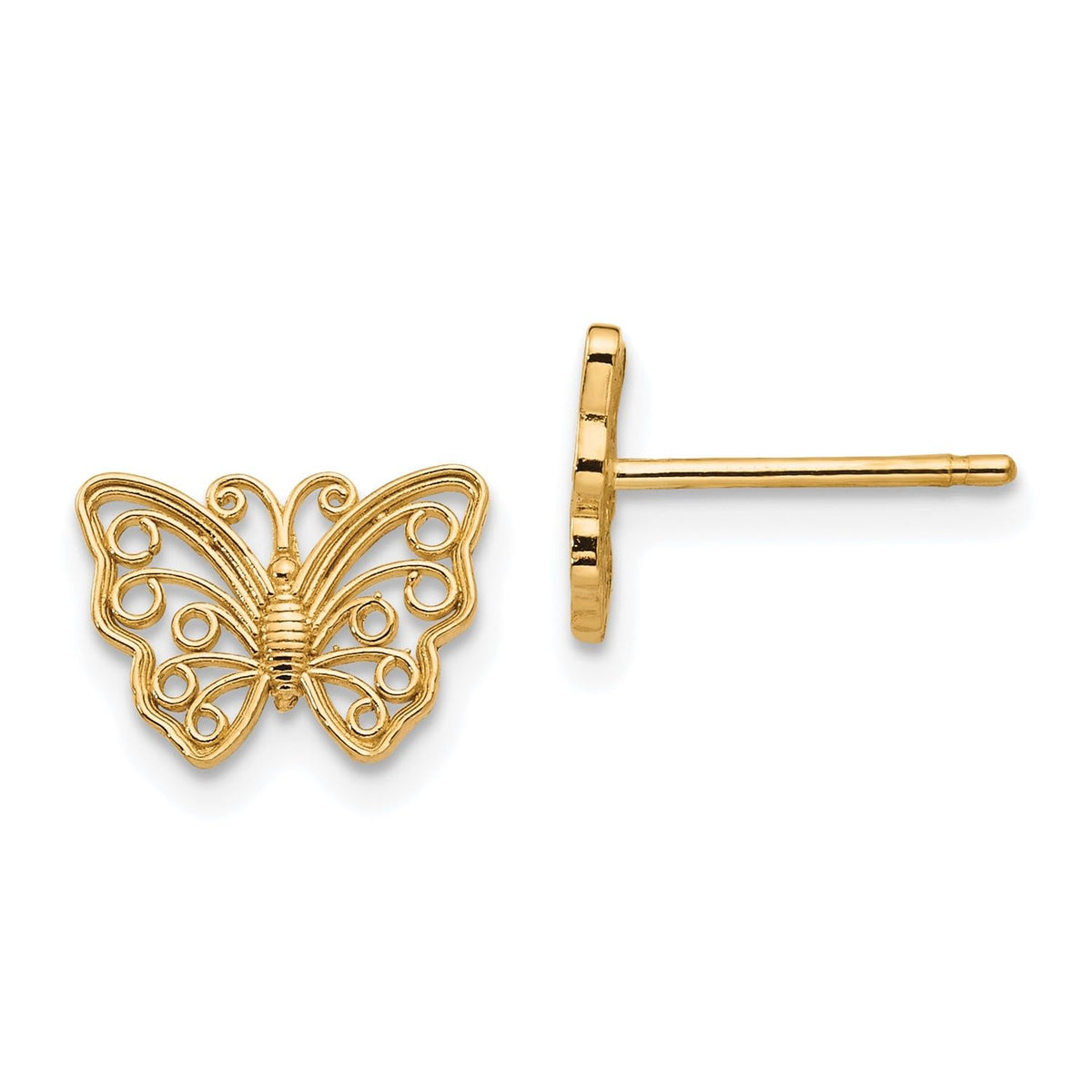 14K Yellow Gold Butterfly Design Post Earrings, 7x9mm