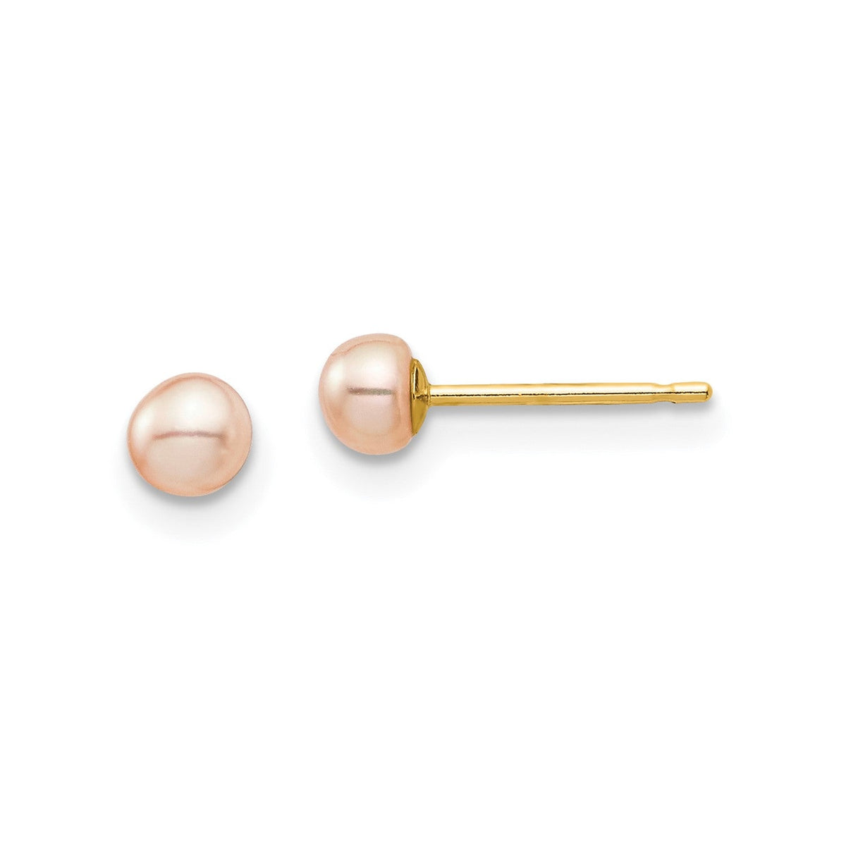 14k Yellow Gold 3-4mm Pink Button Freshwater Cultured Pearl Stud Post Earrings