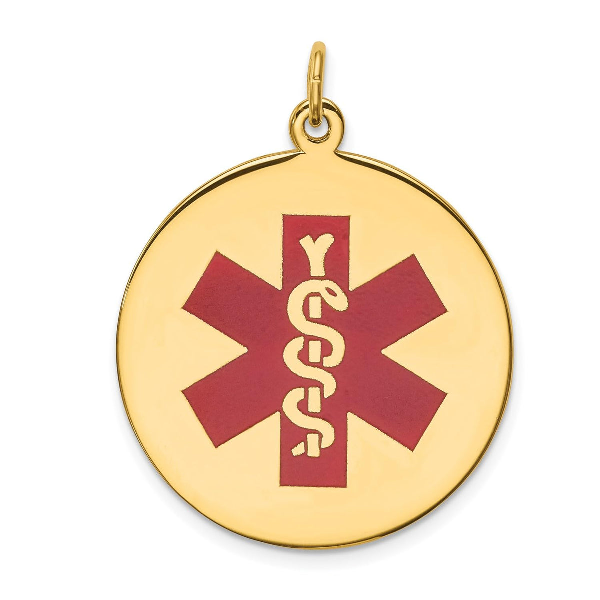 14k Yellow Gold Red Enamel Medical Alert Disk Pendant, 33mm