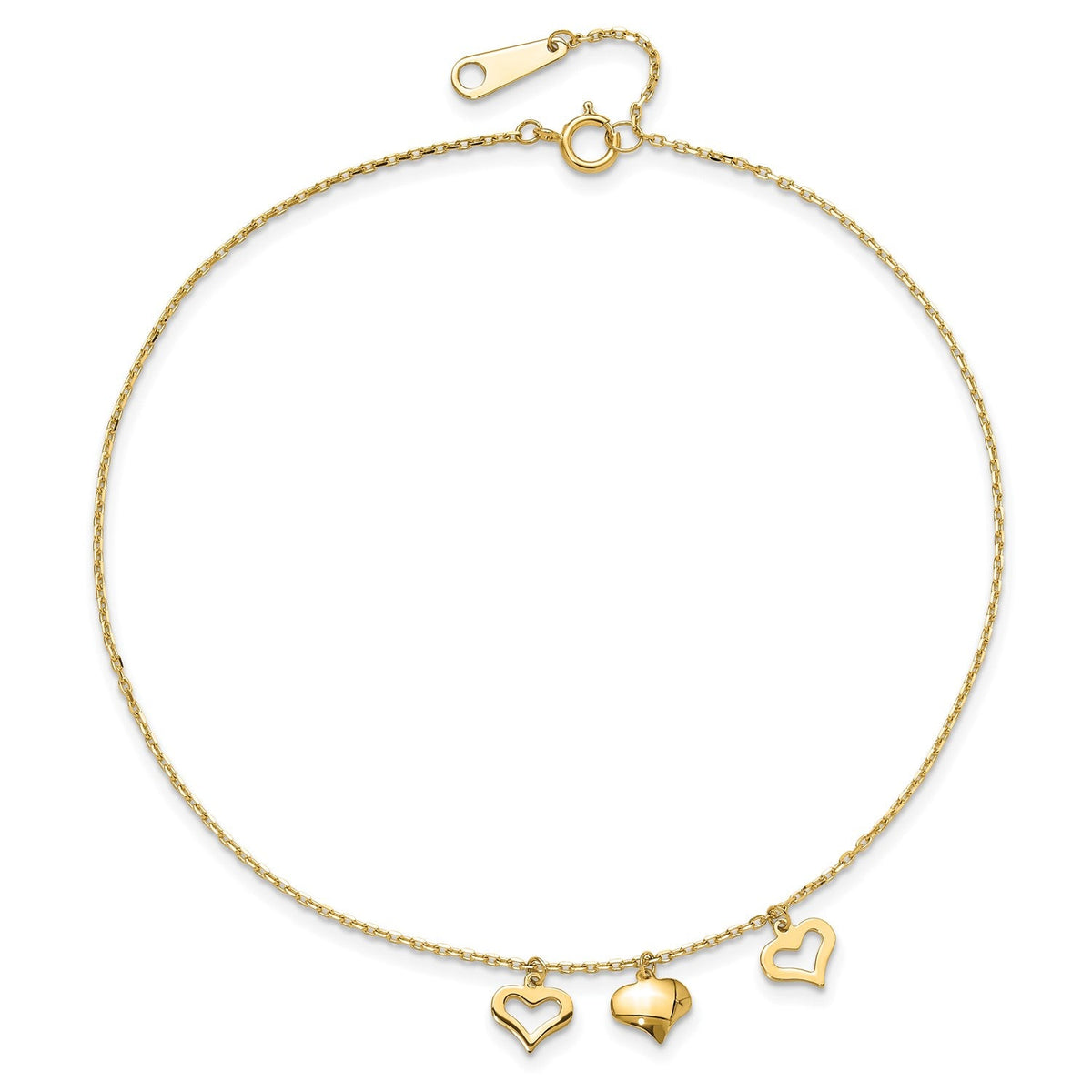 14k Real Yellow Gold 3 Heart Charm 9 to 10 Adjustable Anklet