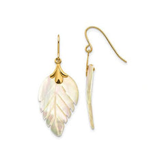 14k Yellow Gold and Mother of Pearl Leaf Dangle Drop Earrings