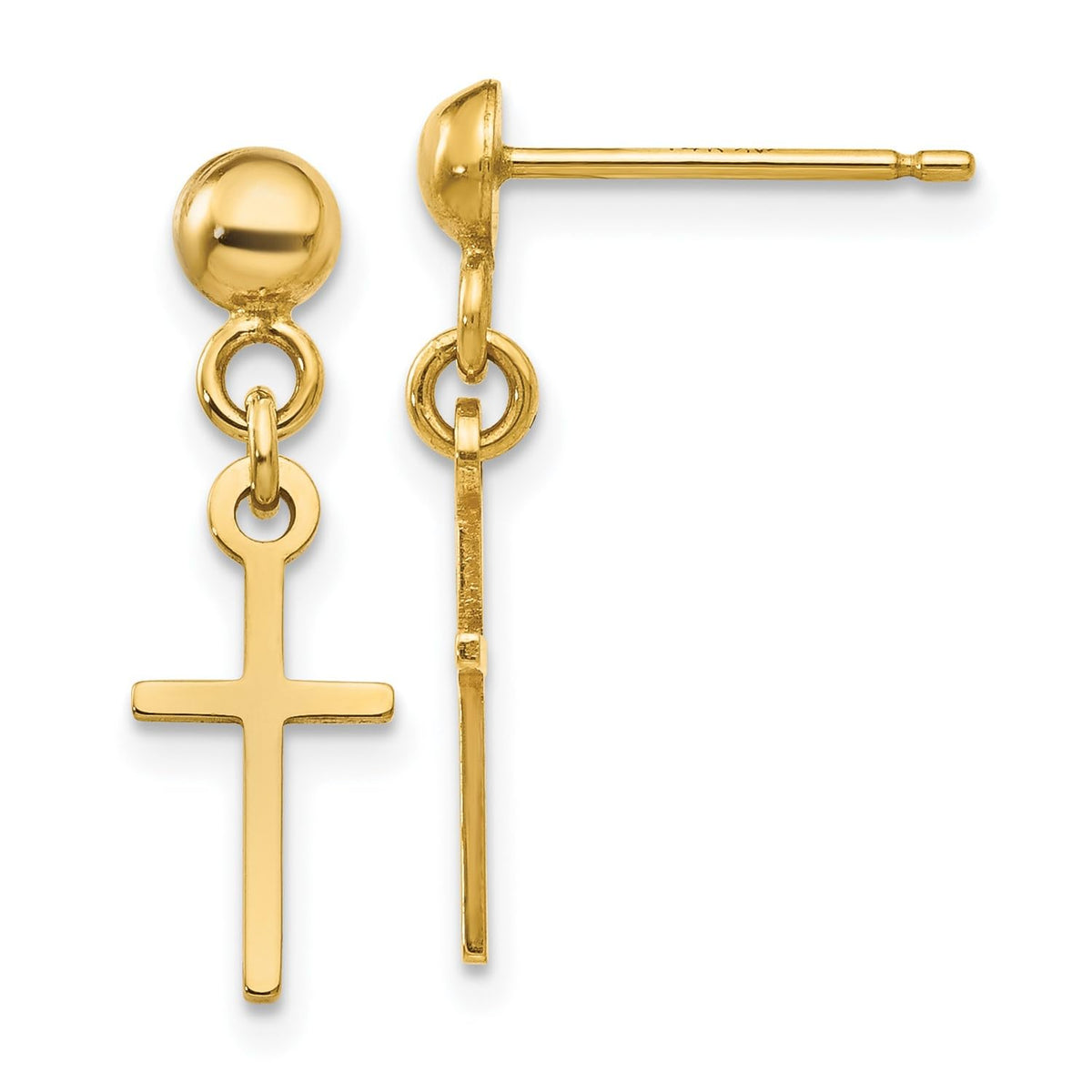 14k Yellow Gold High Polished Cross Dangle Post Earrings, 19x6mm