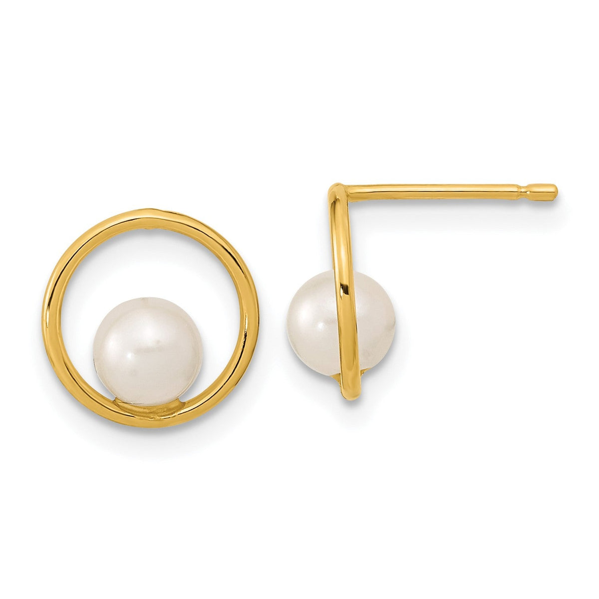 14K Yellow Gold Circle 5mm Freshwater Cultured Pearl Post Stud Earrings