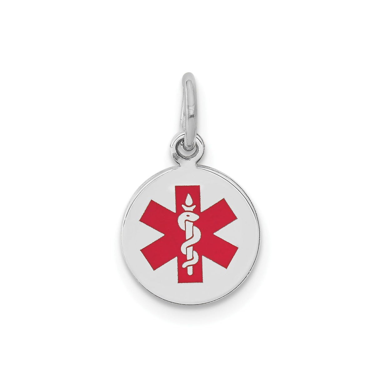 14k White Gold Red Enamel Medical Alert Disc Pendant, 15mm