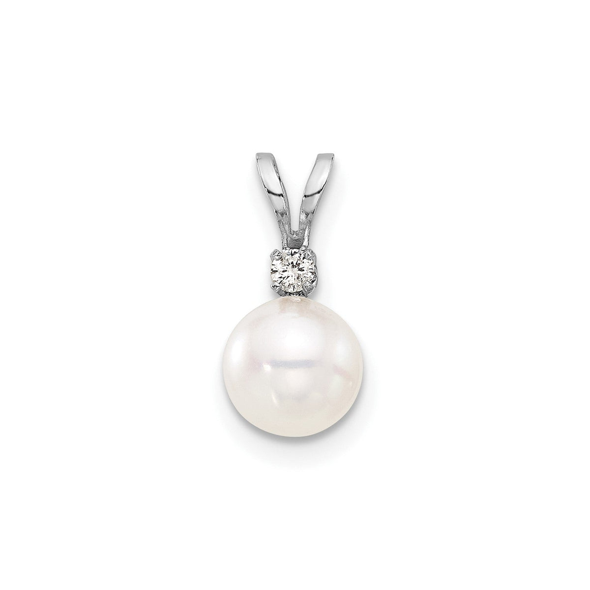 14K White 7mm Round White Akoya Pearl and .03ct Diamond Pendant