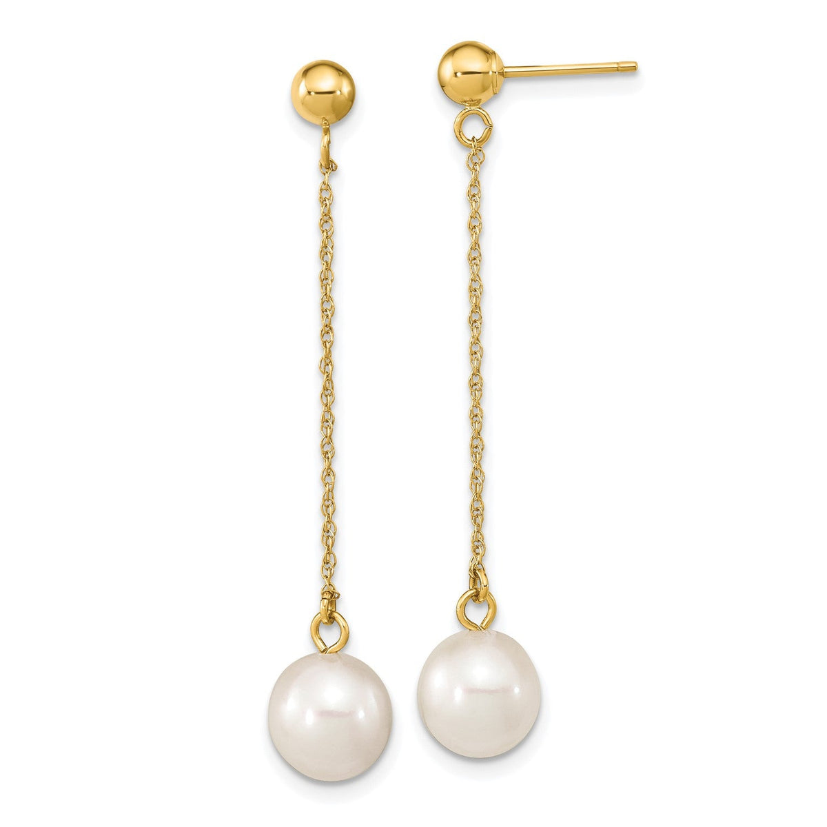 14k Real Yellow Gold Fresh Water Cultured Round Pearl Dangle Post Earrings, 46mm Length