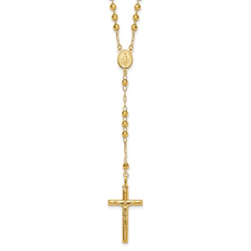 Jewelry Affairs 14K Yellow Gold Rosary Necklace, 4mm Beaded Chain, 24 inch Length, Cross Pendant