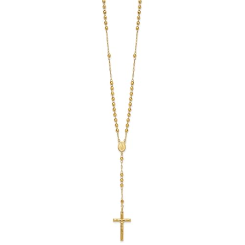 Jewelry Affairs 14K Yellow Gold Rosary Necklace, 4mm Beaded Chain, 24 inch Length, Cross Pendant