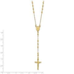 Jewelry Affairs 14K Yellow Gold Rosary Necklace, Faceted Beads Chain, Cross and Medallion, 24 Inch