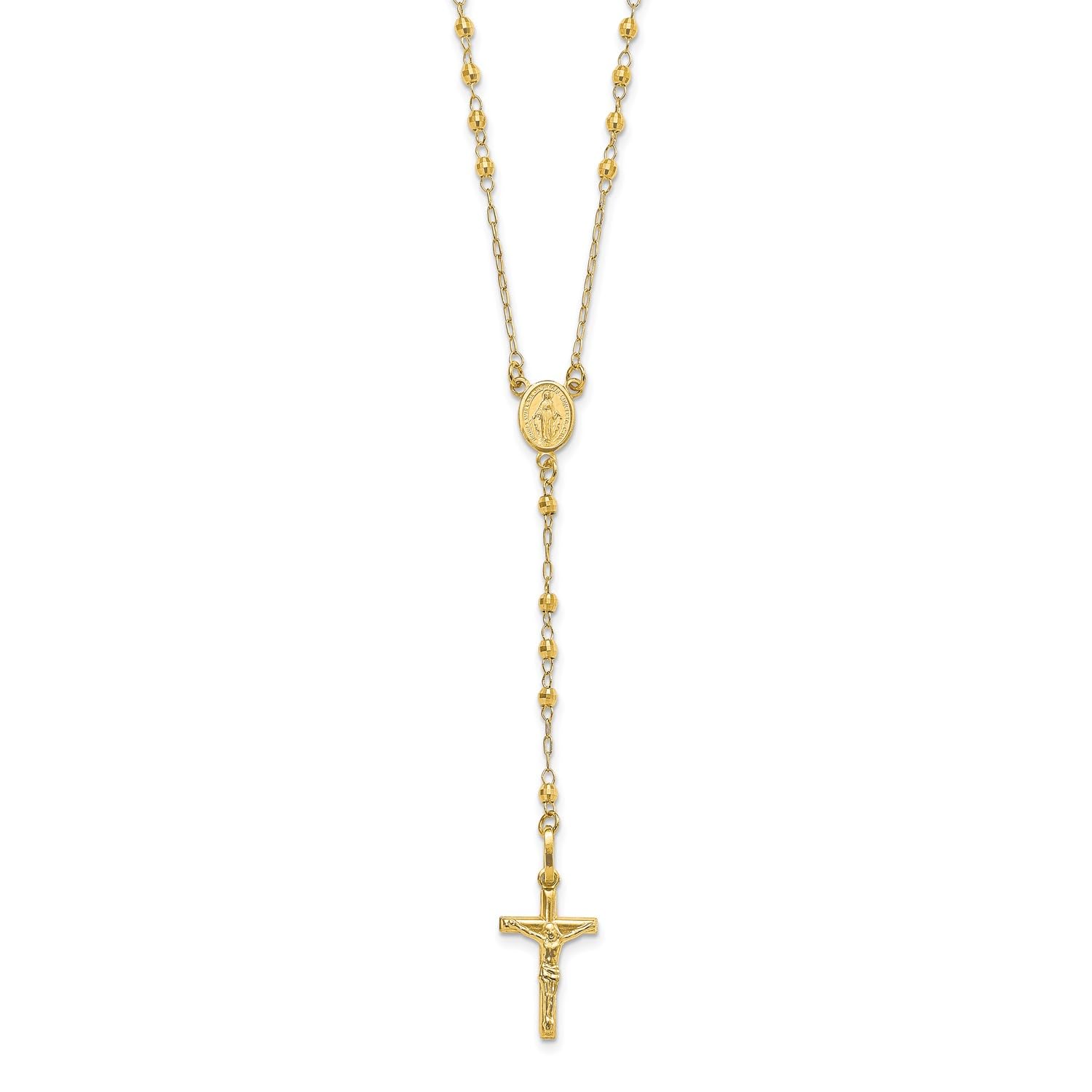 Jewelry Affairs 14K Yellow Gold Rosary Necklace, Faceted Beads Chain, Cross and Medallion, 24 Inch