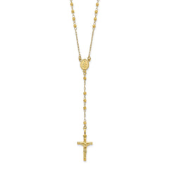 Jewelry Affairs 14K Yellow Gold Rosary Necklace, Faceted Beads Chain, Cross and Medallion, 24 Inch