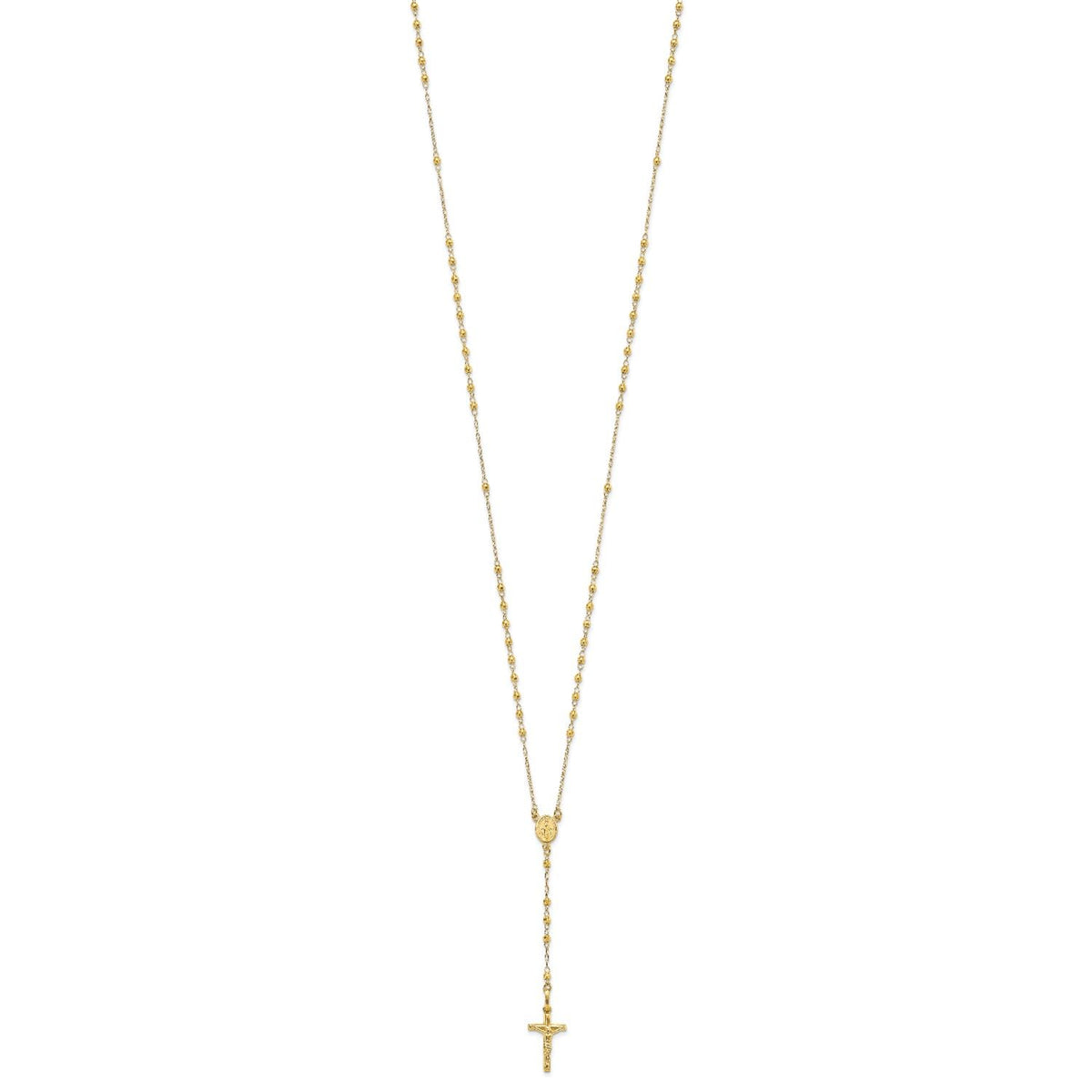 Jewelry Affairs 14K Yellow Gold Rosary Necklace, Faceted Beads Chain, Cross and Medallion, 24 Inch