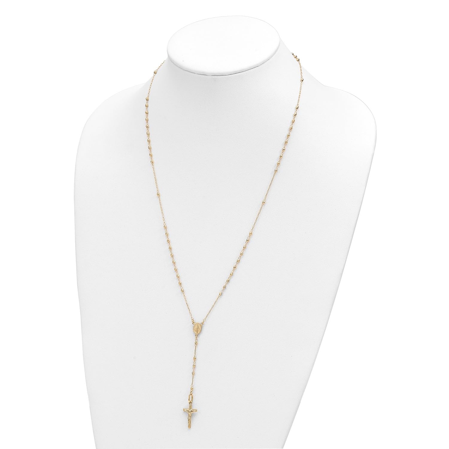 Jewelry Affairs 14K Yellow Gold Rosary Necklace, Faceted Beads Chain, Cross and Medallion, 24 Inch