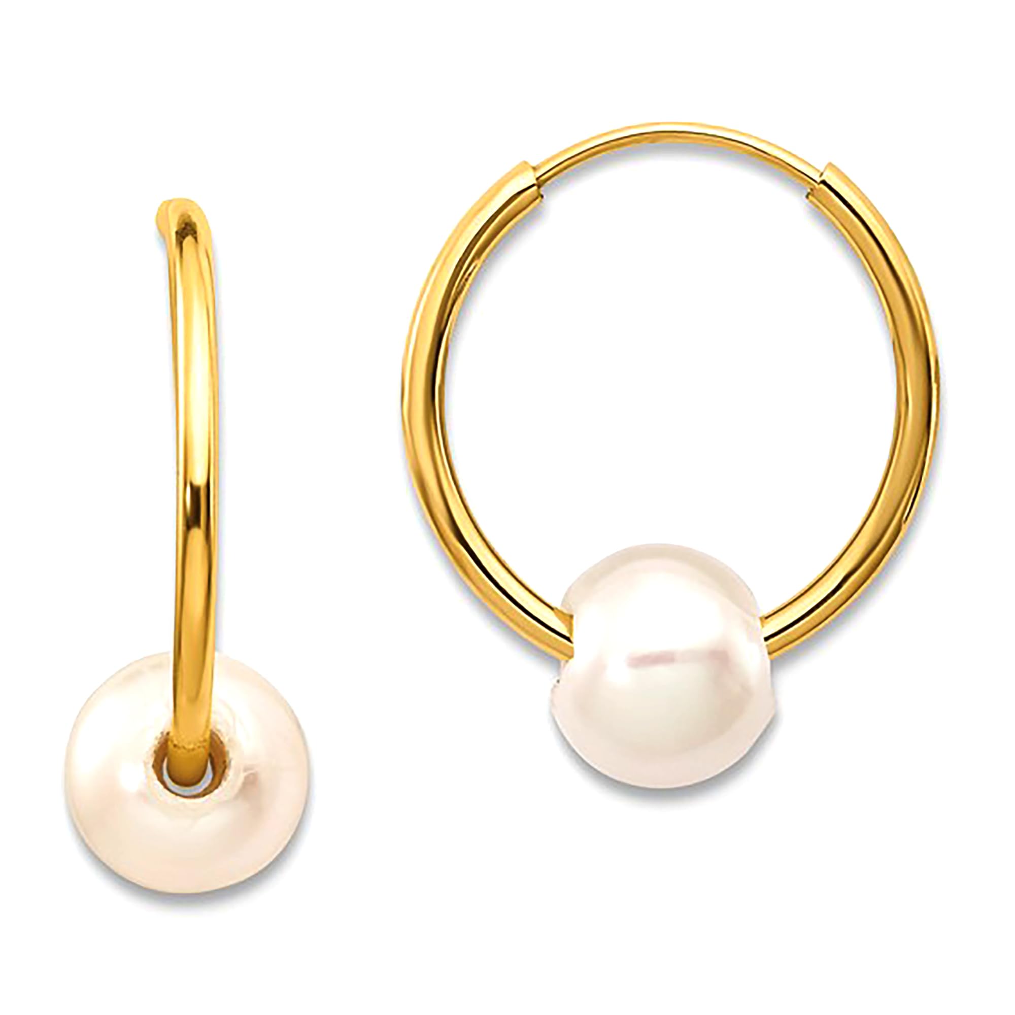 14k Real Yellow Gold 5.5 mm White Round Freshwater Cultured Pearl Endless Hoop Earrings fine designer jewelry for men and women