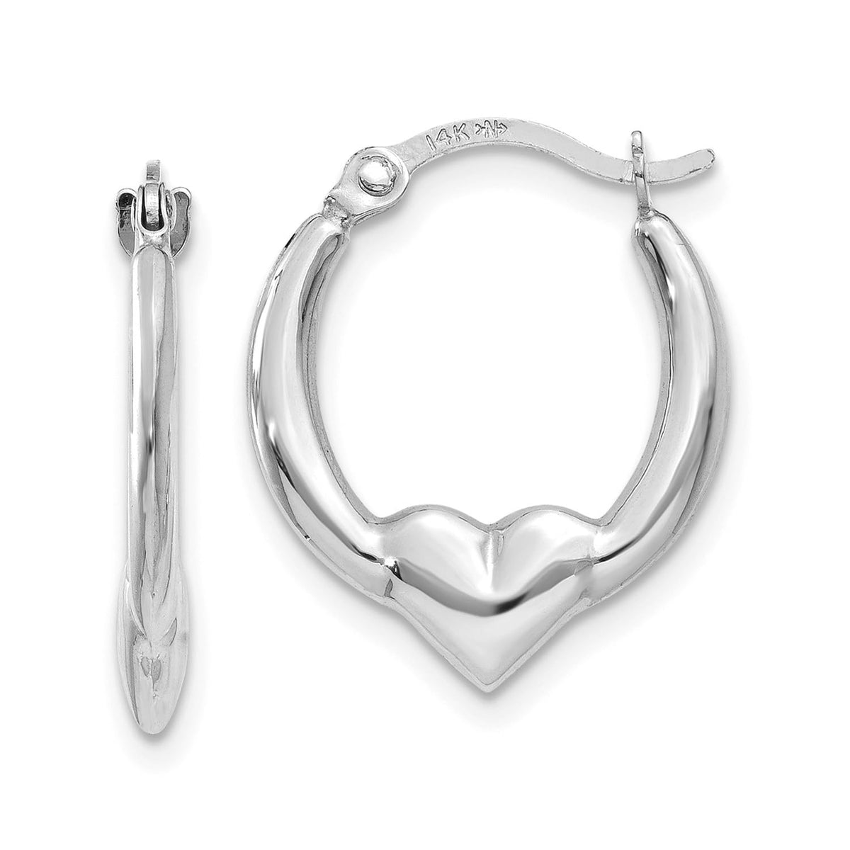 14k White Gold Heart Hoop Earrings, 17x14mm, Classic Design