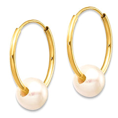 14k Real Yellow Gold 5.5 mm White Round Freshwater Cultured Pearl Endless Hoop Earrings fine designer jewelry for men and women