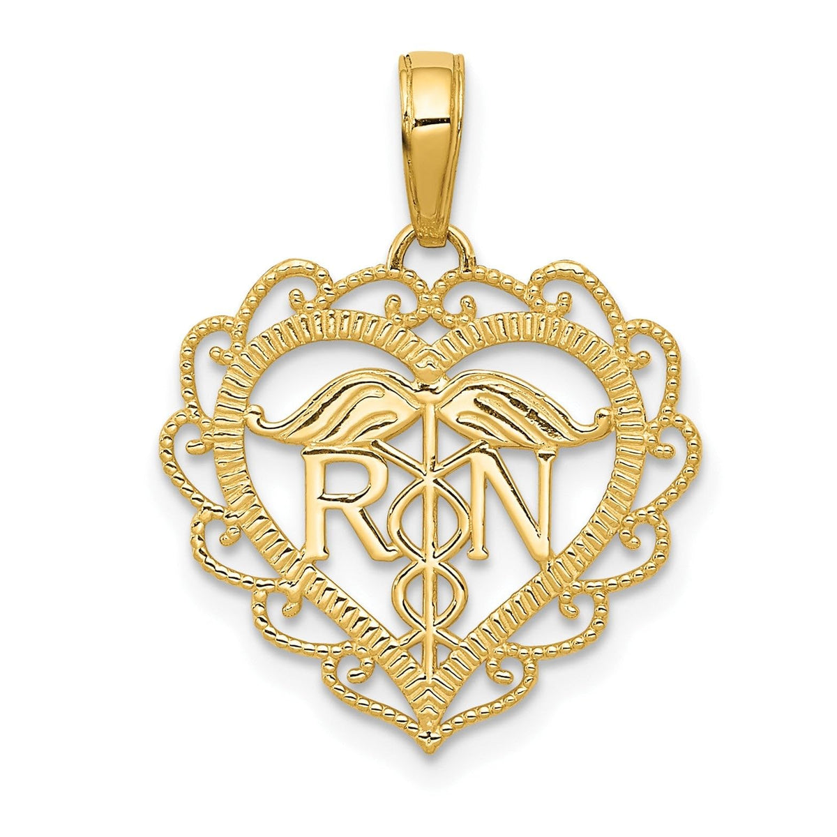 14k Yellow Gold RN Registered Nurse Heart Pendant, 18x18mm