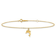 14k Yellow Gold Dolphin Charm 9 Inch to 10 Inch Summer Anklet fine designer jewelry for men and women