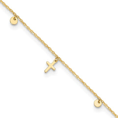 14K Yellow Gold High Polished Cross Charm Adjustable 9-10 Inch Anklet fine designer jewelry for men and women