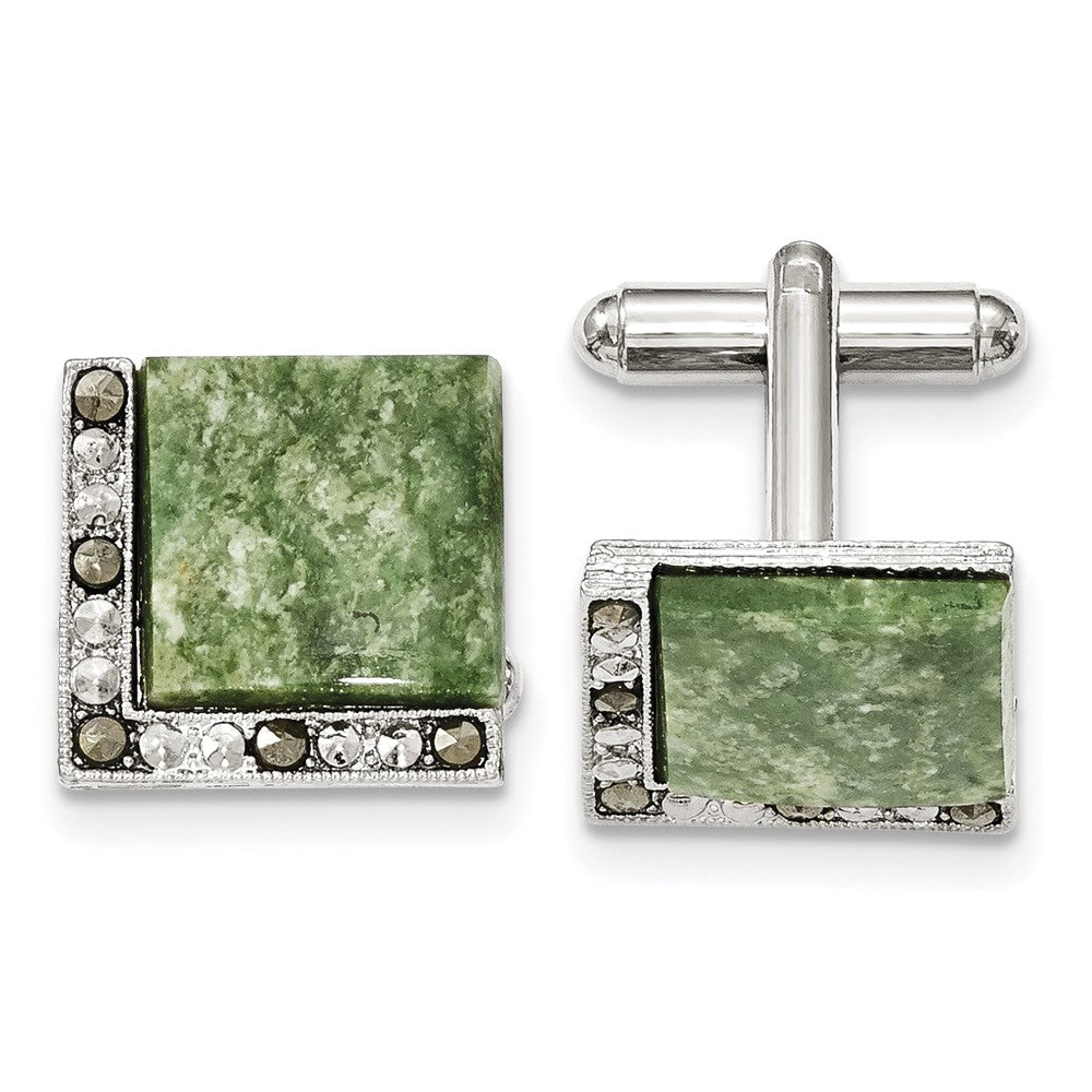 1928 Silver-tone Green Jade and Hematite Marcasite Cuff Links fine designer jewelry for men and women