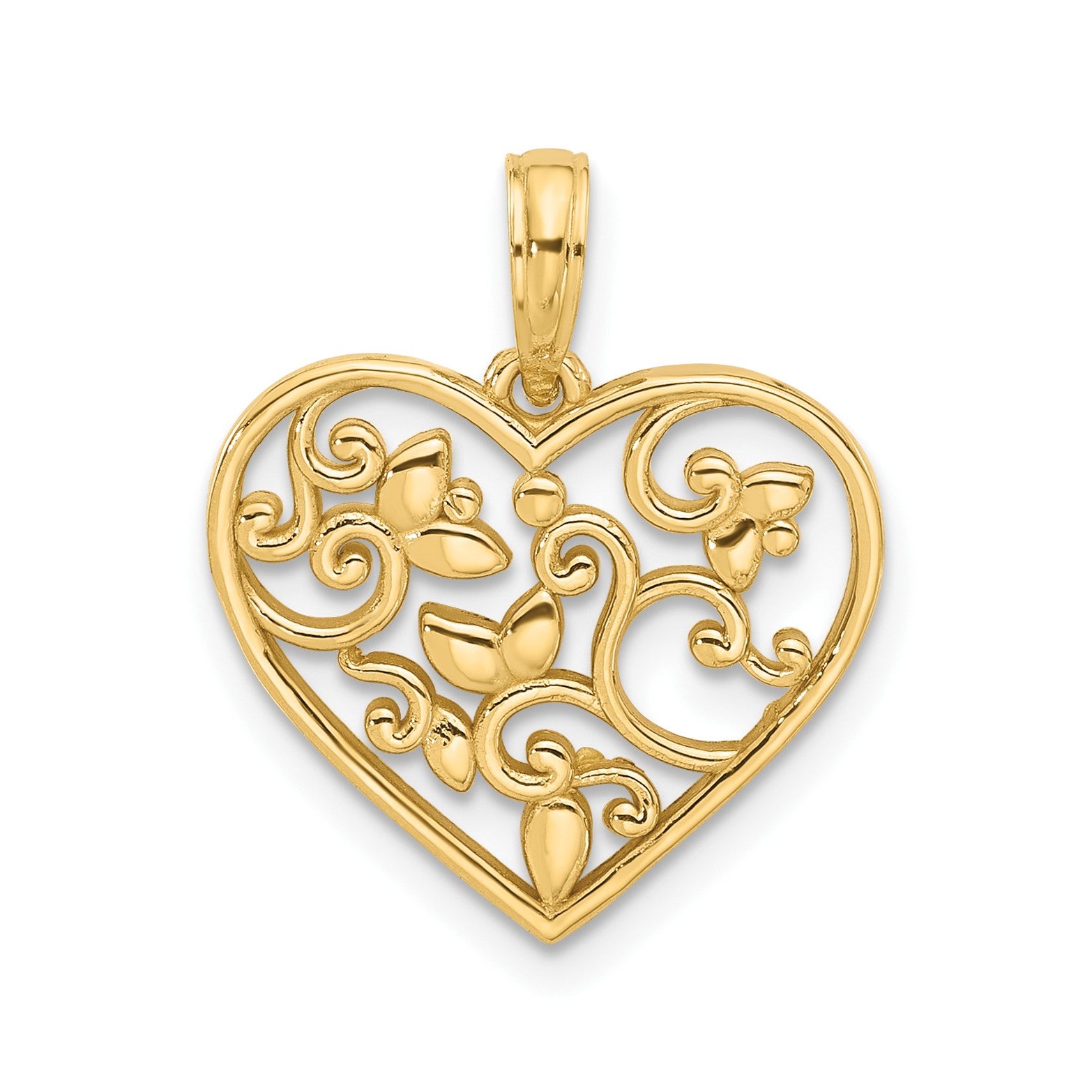 14K Yellow Gold Fancy Flower Design Heart Pendant, 20x18mm fine designer jewelry for men and women