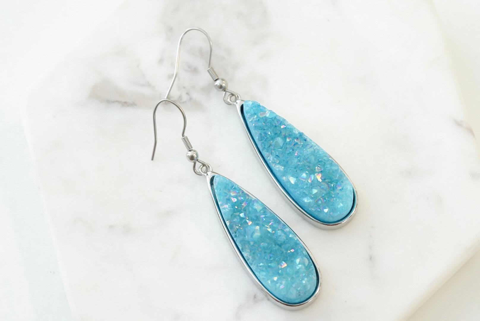 Druzy Collection - Silver Azure Quartz Drop Earrings fine designer jewelry for men and women