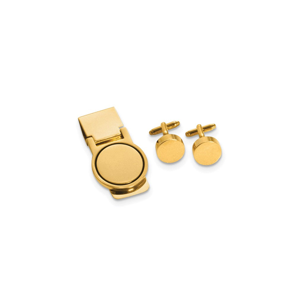 Gold-tone Circular Design Engravable Cuff Link and Money Clip Set fine designer jewelry for men and women