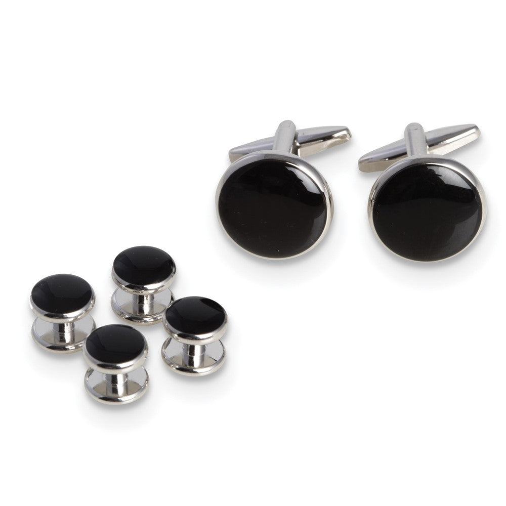 Rhodium-plated Black Enameled Cuff Link and Tuxedo Studs Set fine designer jewelry for men and women