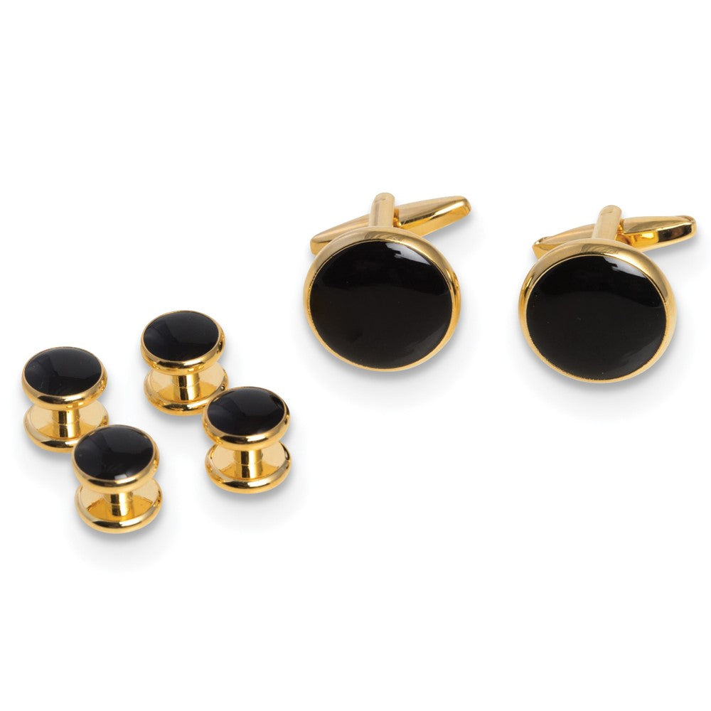 Gold-tone Black Enameled Cuff Links and Tuxedo Studs Set fine designer jewelry for men and women