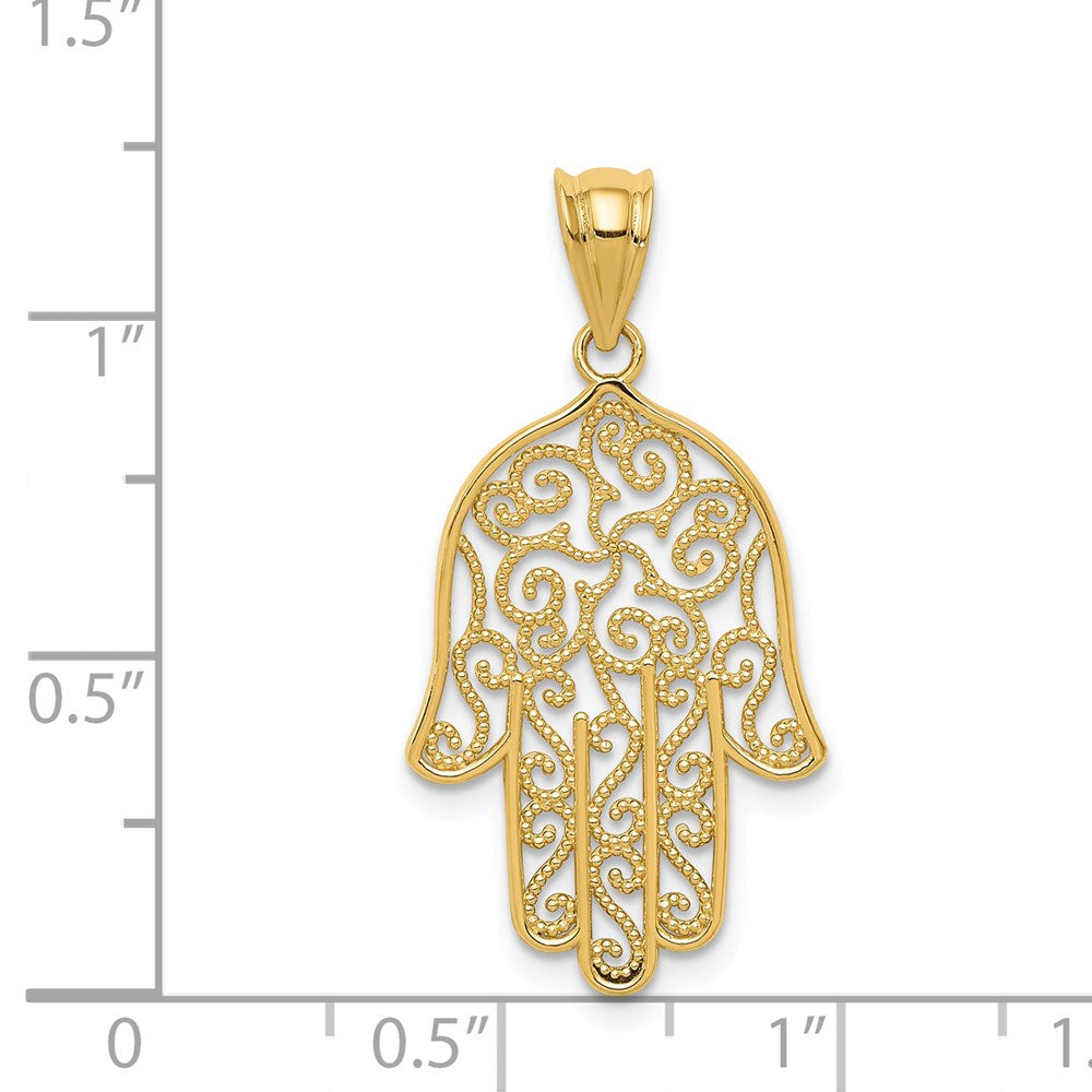 14k Yellow Gold Filigree Hamsa Hand Pendant, Religious Charm, 26mm x 16mm