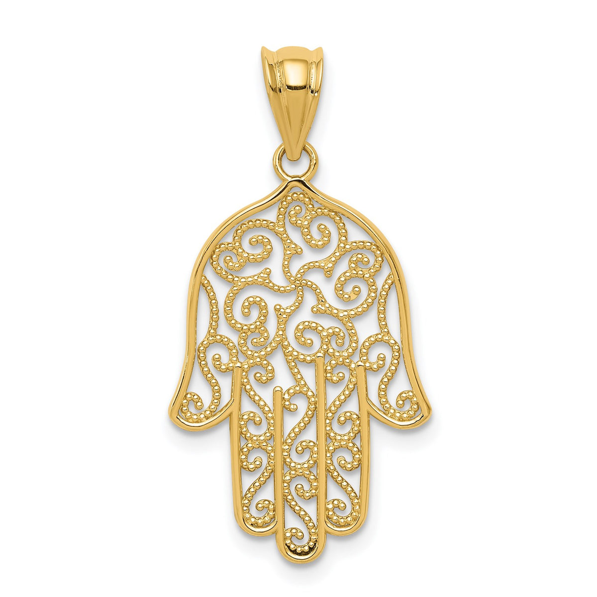 14k Yellow Gold Filigree Hamsa Hand Pendant, Religious Charm, 26mm x 16mm