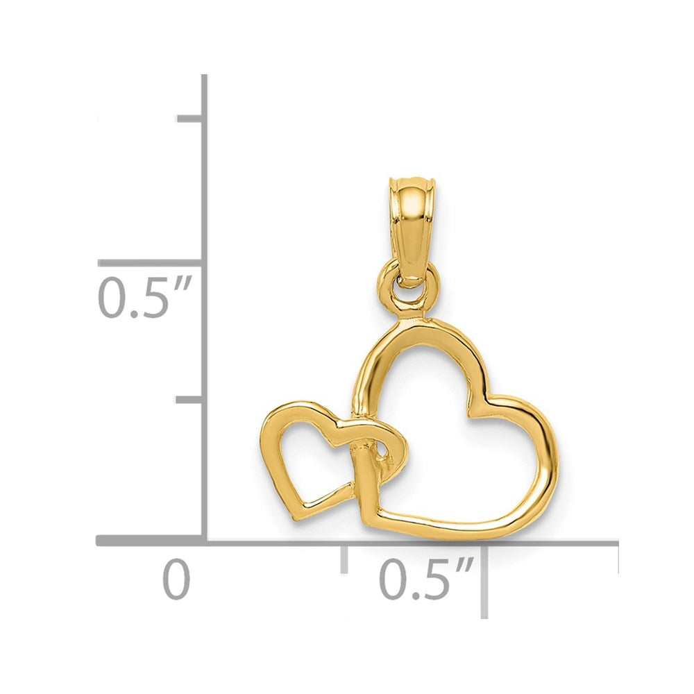 14K Solid Gold Intertwined Double Heart Pendant, 17x15mm