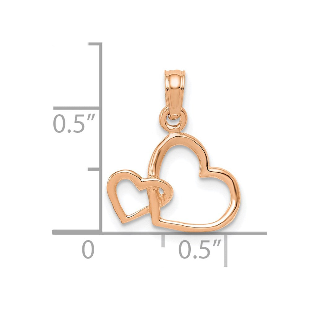 14K Solid Gold Intertwined Double Heart Pendant, 17x15mm