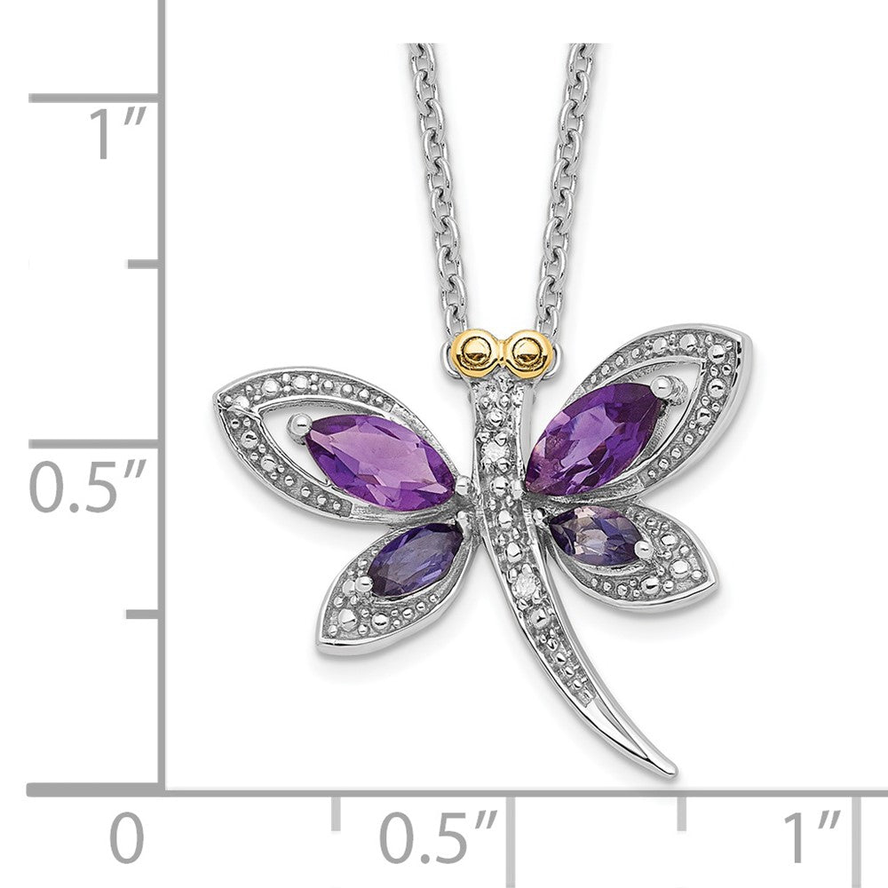 Sterling Silver with 14K Yellow Gold Amethyst and Diamond Dragonfly 18 to 20 Inch Adjustable Necklace fine designer jewelry for men and women