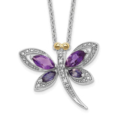 Sterling Silver with 14K Yellow Gold Amethyst and Diamond Dragonfly 18 to 20 Inch Adjustable Necklace fine designer jewelry for men and women