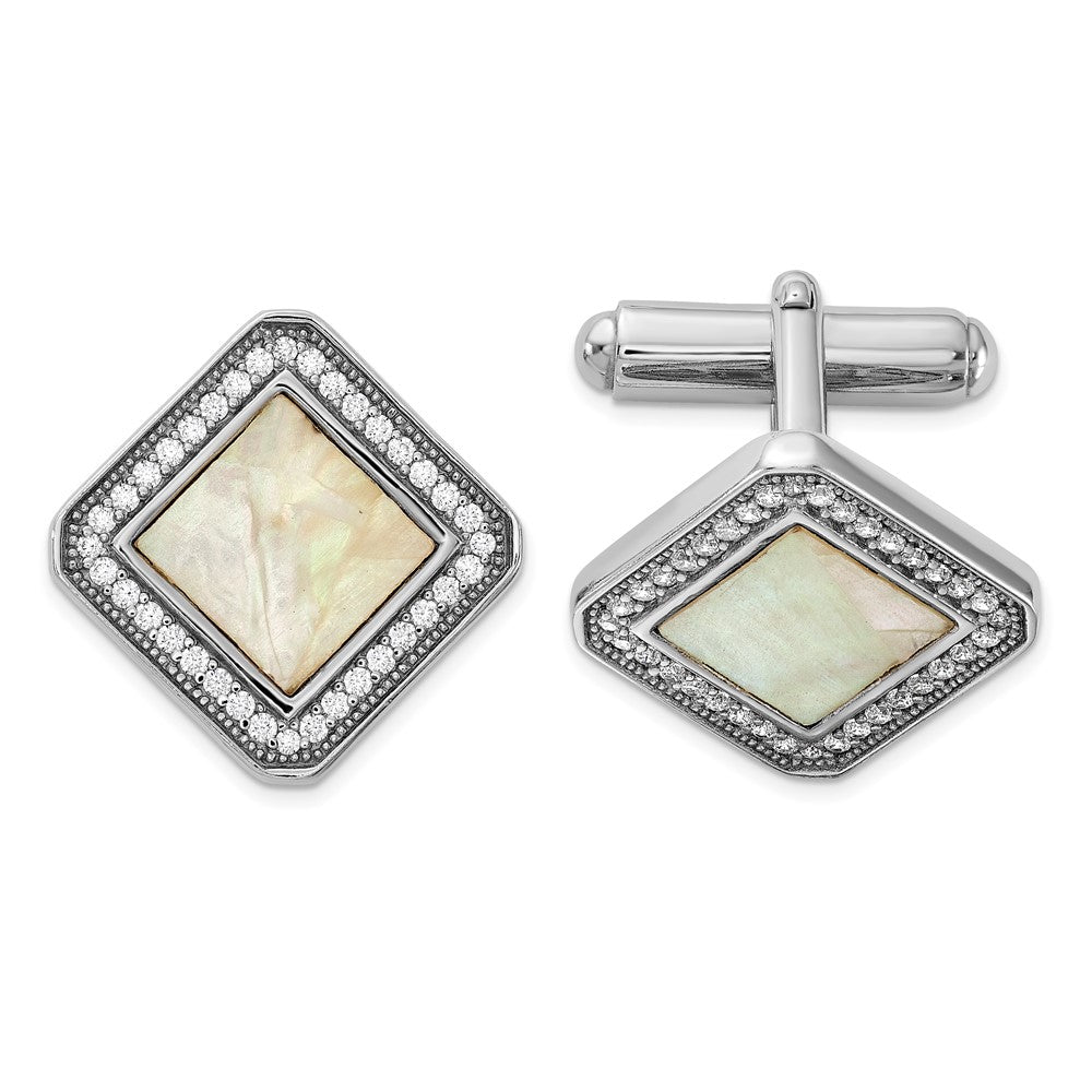 Sterling Silver Rhodium-plated CZ and Mother of Pearl Square Cuff Links fine designer jewelry for men and women