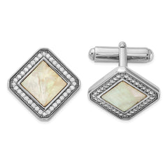 Sterling Silver Rhodium-plated CZ and Mother of Pearl Square Cuff Links fine designer jewelry for men and women