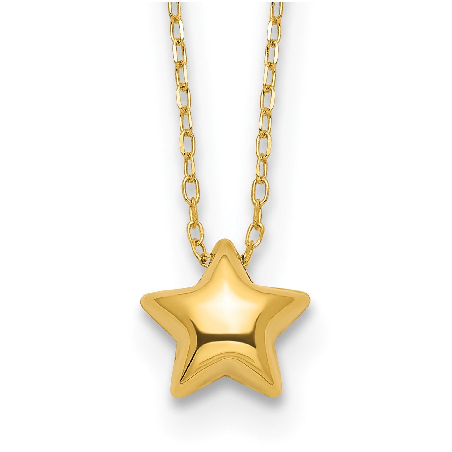 14k Yellow Gold High Polished Puffed Star Pendant Necklace, 16.5" fine designer jewelry for men and women