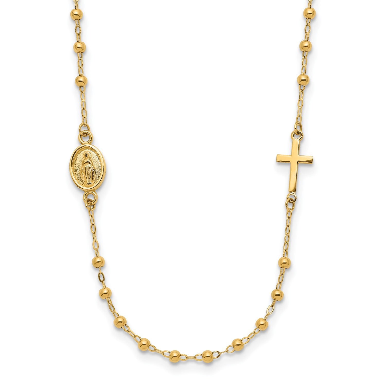 14K Yellow Gold Miraculous Medal and Cross Rosary Cross Necklace, 16,5" fine designer jewelry for men and women