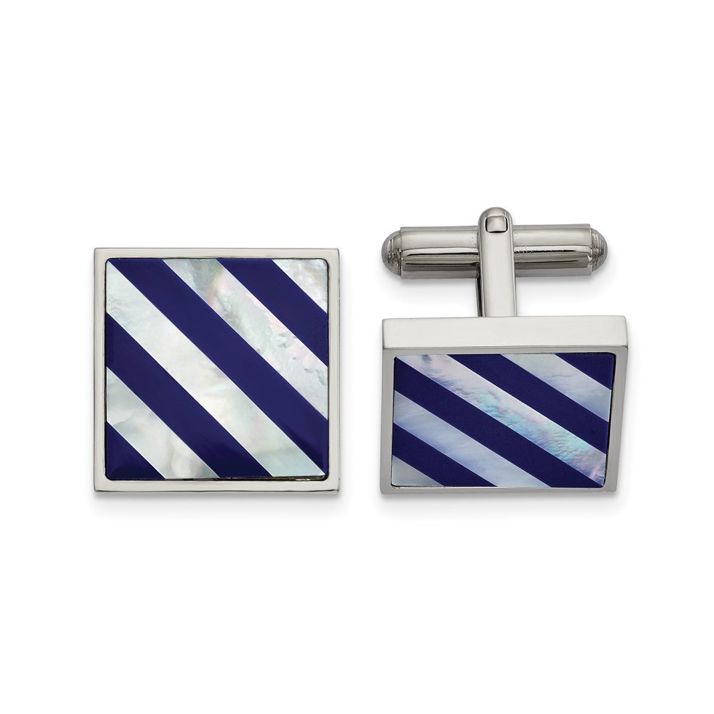 Chisel Stainless Steel Polished with Mother of Pearl and Blue Shell Inlay Cufflinks fine designer jewelry for men and women