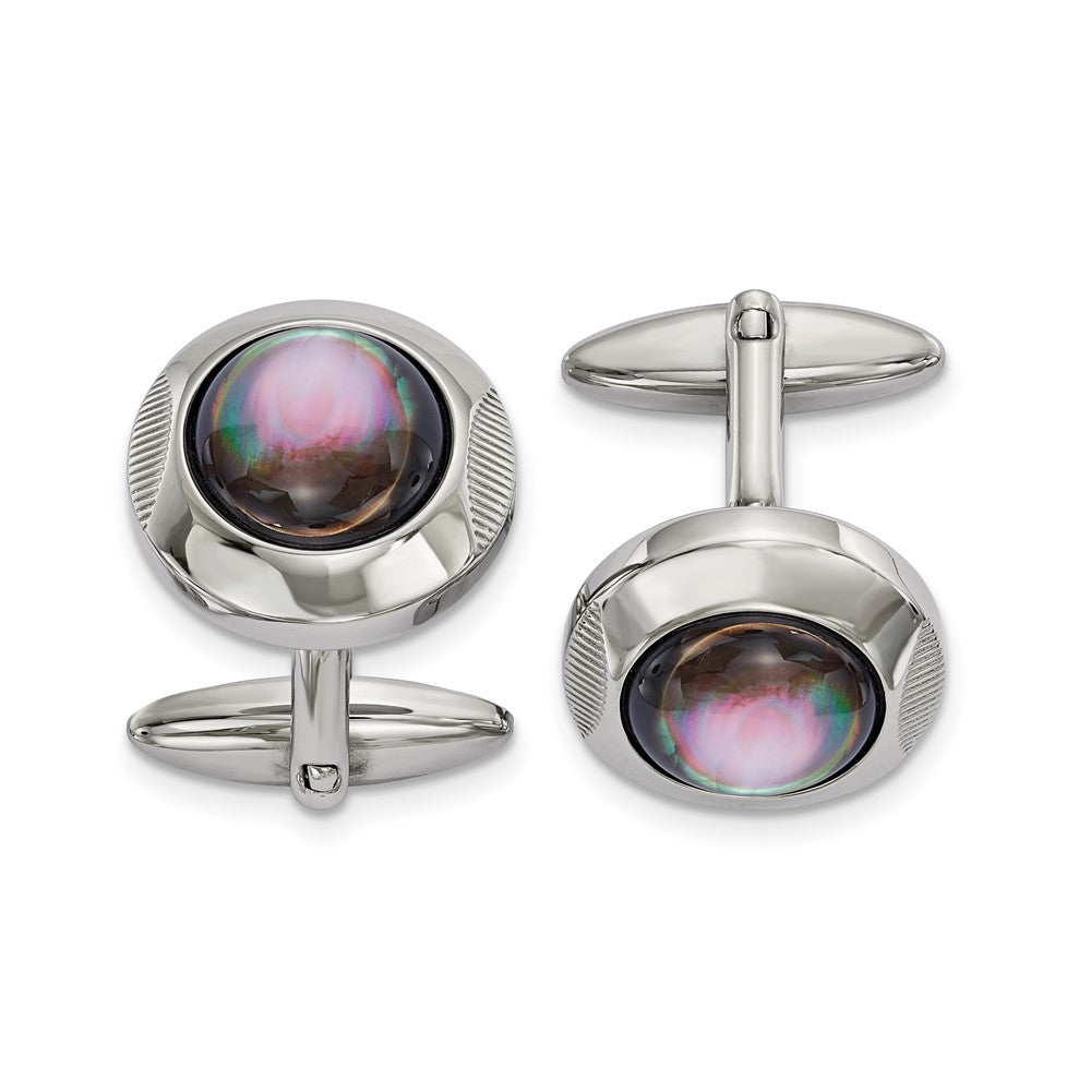 Chisel Stainless Steel Polished Black Mother of Pearl Circle Cufflinks fine designer jewelry for men and women