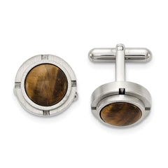 Chisel Stainless Steel Brushed and Polished with Tiger's Eye Circle Cufflinks fine designer jewelry for men and women