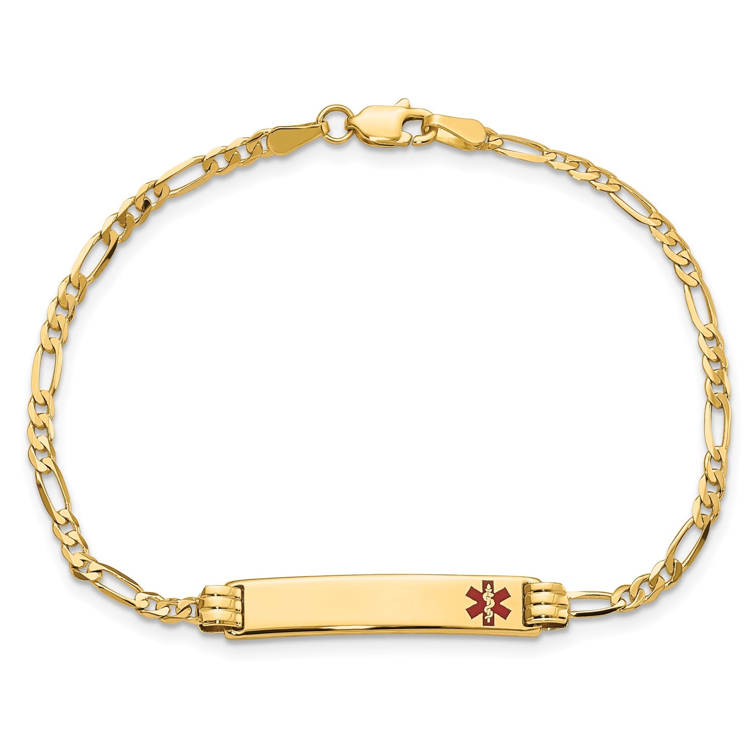 14K Yellow Gold Medical Red Enamel Figaro ID Bracelet fine designer jewelry for men and women