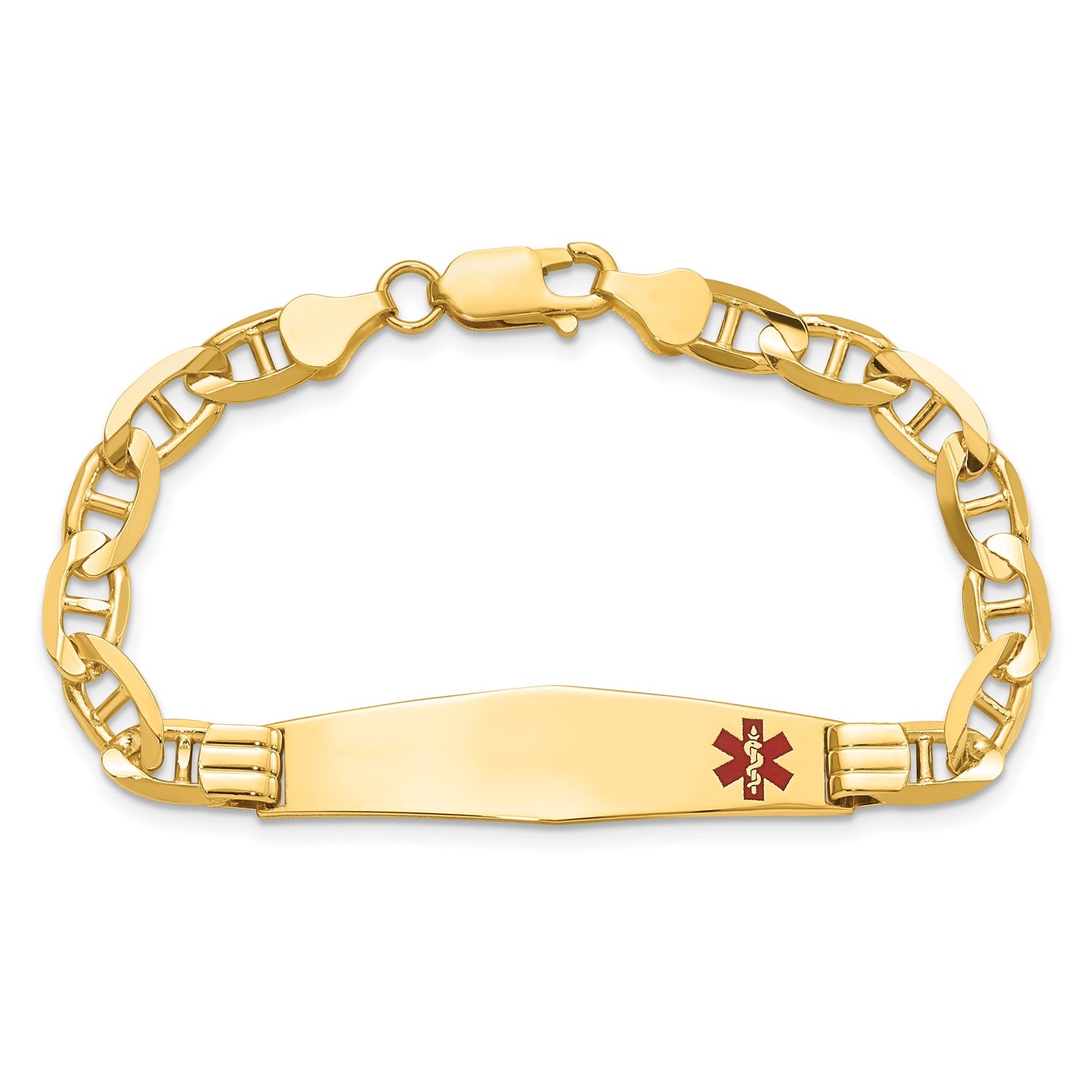 14K Yellow Gold Medical Alert Red Enamel Mariner Link ID Bracelet, 8 inches fine designer jewelry for men and women