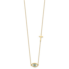 14K Yellow Gold CZ Evil Eye and Cross Pendant Adjustable Necklace, 18" to 20" fine designer jewelry for men and women