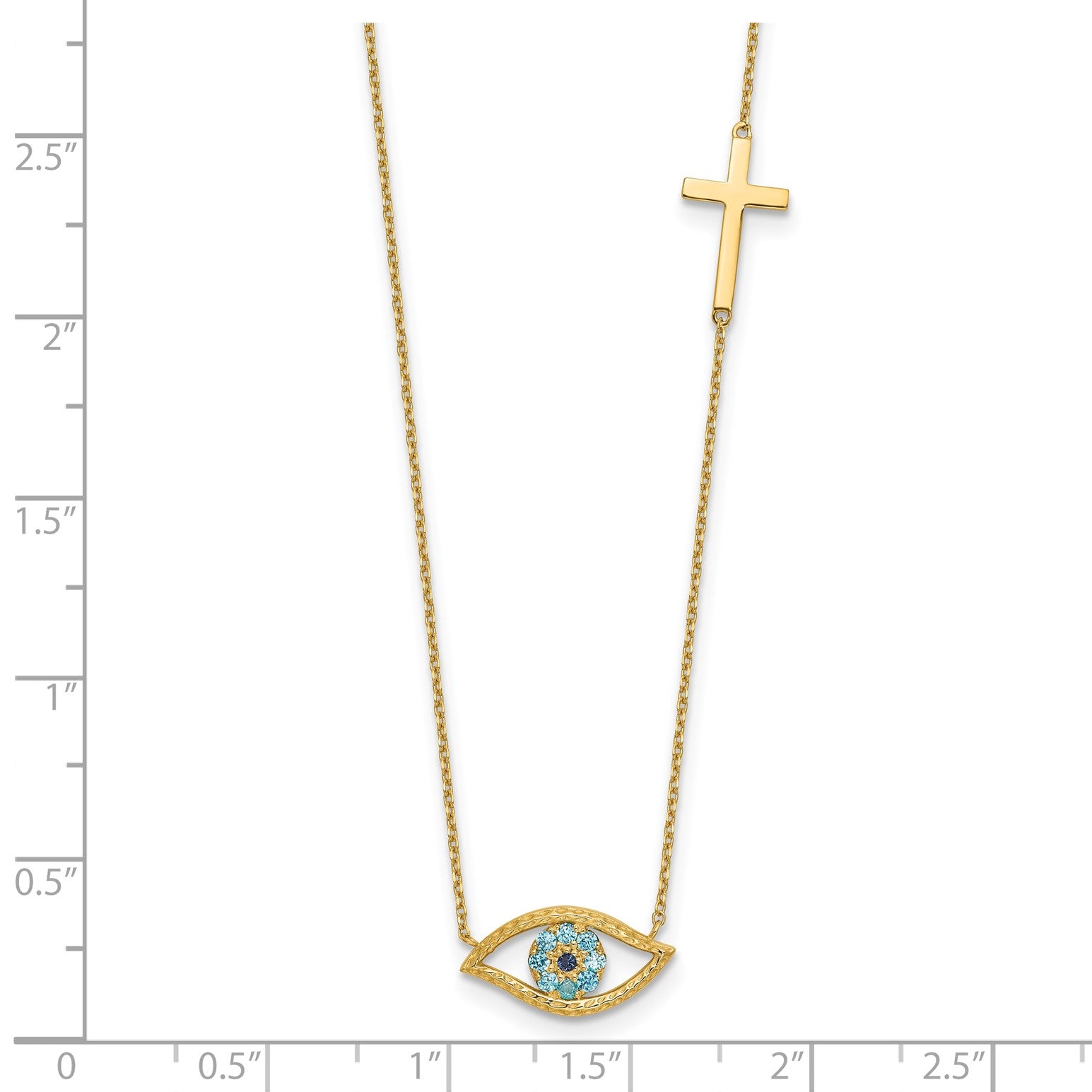 14K Yellow Gold CZ Evil Eye and Cross Pendant Adjustable Necklace, 18" to 20" fine designer jewelry for men and women